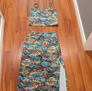 Up Beat Barbados Two Piece Matching Crop Top and Maxi Skirt with Slit - Medium